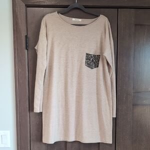 Beige Long Sleeve Top with Patterned Pocket